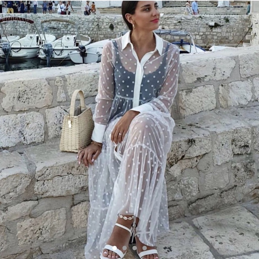 ZARA White Polka Dot Spot Long Tulle Sheer Mesh Shirt Dress S